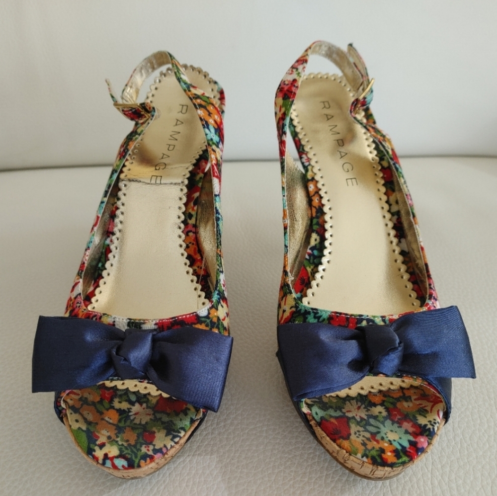 Rampage Grayson Floral Peep-Toe Slingback Heels - Navy, Red and Pink - Size 8